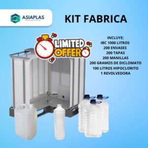 KIT FABRICA 1 IBC DE 1000 LITROS + 200 LITROS HIPOCLORITO + 200 GRAMOS DE DICLOMATO + 200 ENVASES + 200 MANILLAS + 200 TAPAS